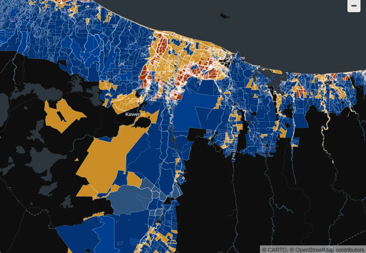 Screenshot of the Terroir Streamlit dashboard's suitability map, showing kiwifruit land-suitability parcels colour-coded blue, gold, and orange across the Bay of Plenty coastline near Whakatāne and Kawerau